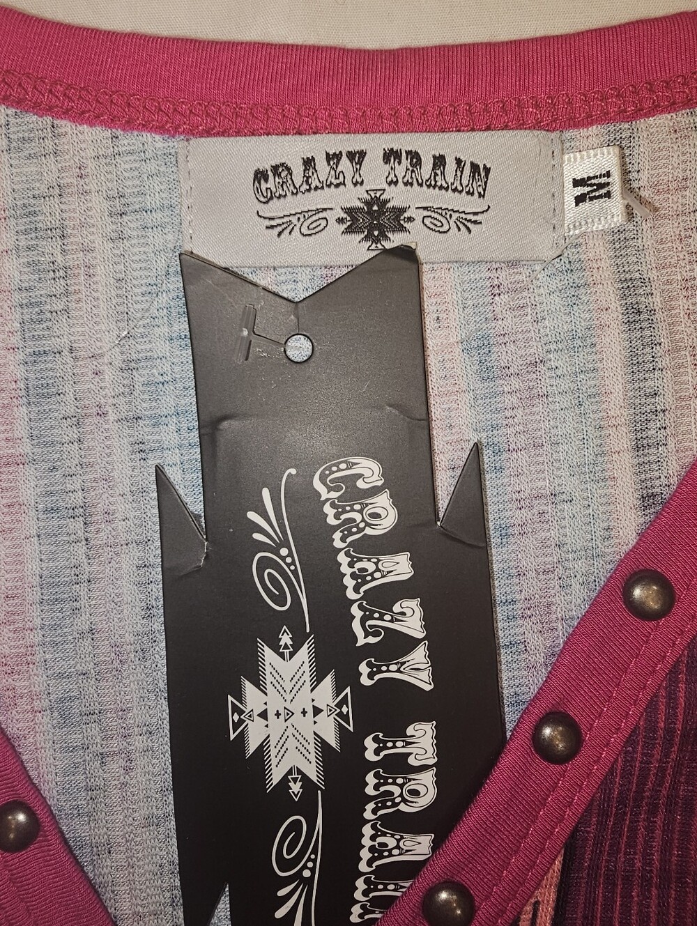 NWT- CRAZY TRAIN Women's Pink Striped V-Neck Fringe Top - Picture 3 of 5